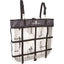 Classic Equine Black Leopard Fan Bag securely holding a 20-inch white box fan. This equestrian stall fan holder features a subtle dark leopard print border, durable black nylon webbing, and adjustable hanging straps with silver metal snaps for easy mounting in horse stalls or barns. Designed for maximum airflow and safety, it is a stylish stable essential to keep horses cool and comfortable in the summer heat.