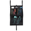 Classic Equine Black Stall Front Bag for horse show organization. This durable black hanging stall organizer features multiple mesh pockets, heavy-duty straps with buckles, and a clear ID window. Shown holding essential horse grooming supplies like leg wraps, spray bottles, and brushes. Ideal for keeping your horse stall tidy and gear easily accessible at home or during competition.