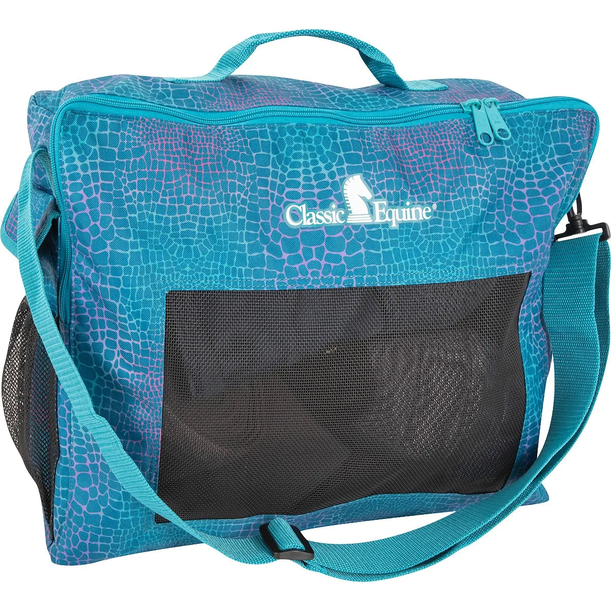 Classic Equine Boot Accessory Tote in a vibrant teal and purple snakeskin print. This durable horse leg boot storage bag features a large black mesh front panel for ventilation, a dual zipper top, a sturdy carrying handle, and an adjustable shoulder strap. Perfect for organizing equestrian gear like splint boots or bell boots, this stylish tote is an essential barn organization solution for any rider looking for functional and fashionable gear storage.