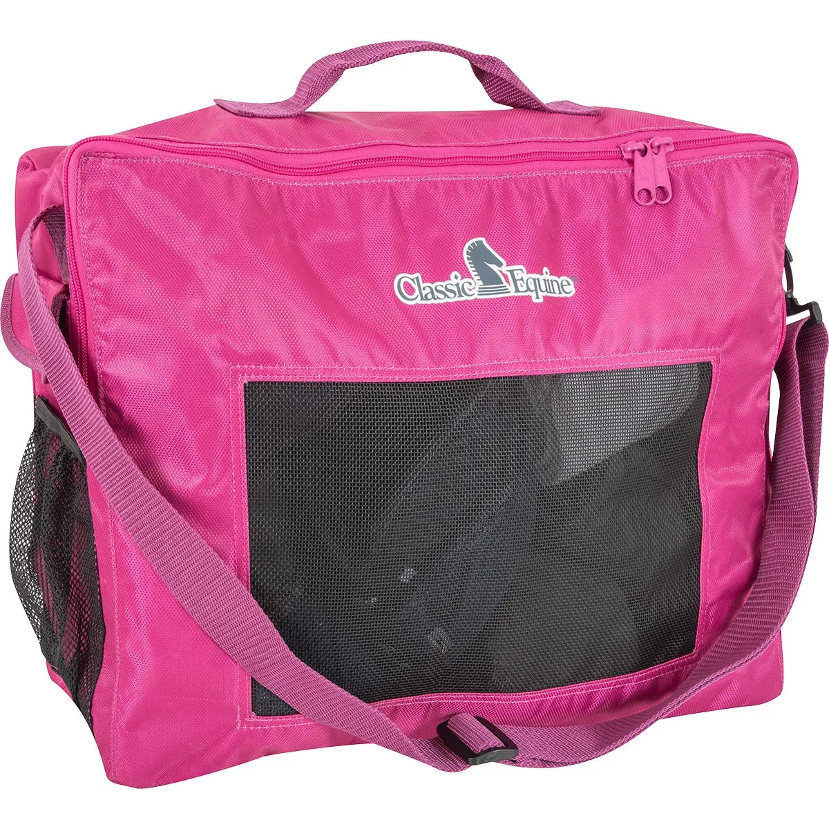 Classic Equine Boot Accessory Tote in bright pink, a durable horse leg boot storage bag featuring a large mesh front window for ventilation. This equestrian gear organizer includes an adjustable shoulder strap, a top carry handle, and a side mesh pocket, perfect for storing and transporting polo wraps or horse boots while keeping them organized and breathable.