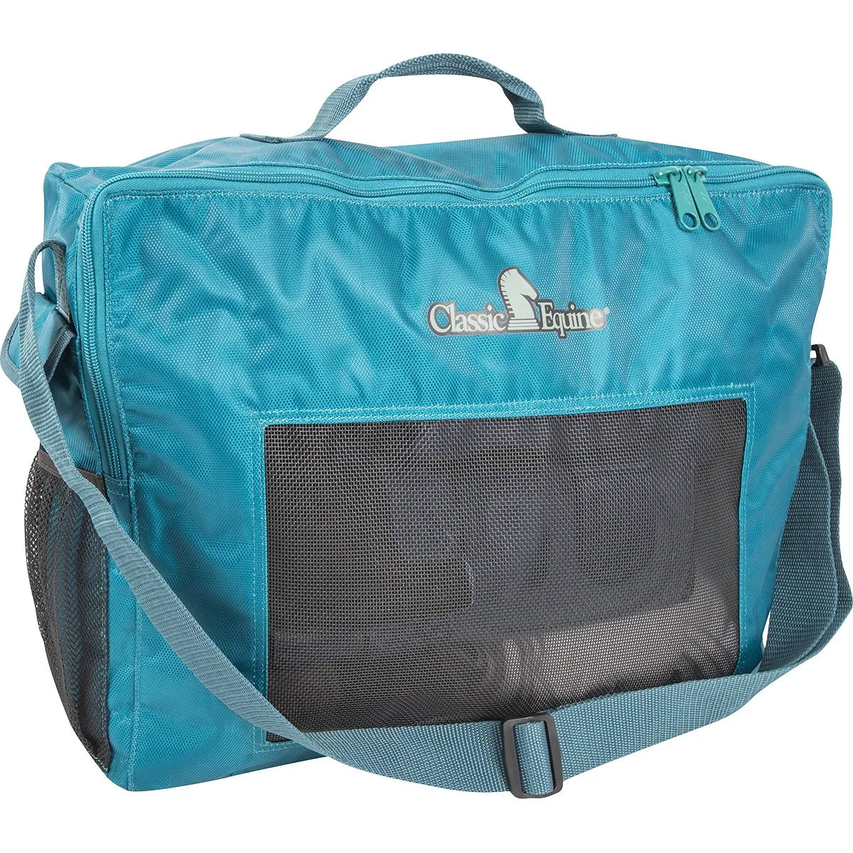 Classic Equine Boot Accessory Tote in teal, a durable horse leg boot storage bag with a large breathable mesh front for ventilation. This equestrian gear bag features a top carrying handle, adjustable shoulder strap, and side mesh pockets. Ideal for organized storage of splint boots, bell boots, and other horse leg protection at the barn or horse shows.