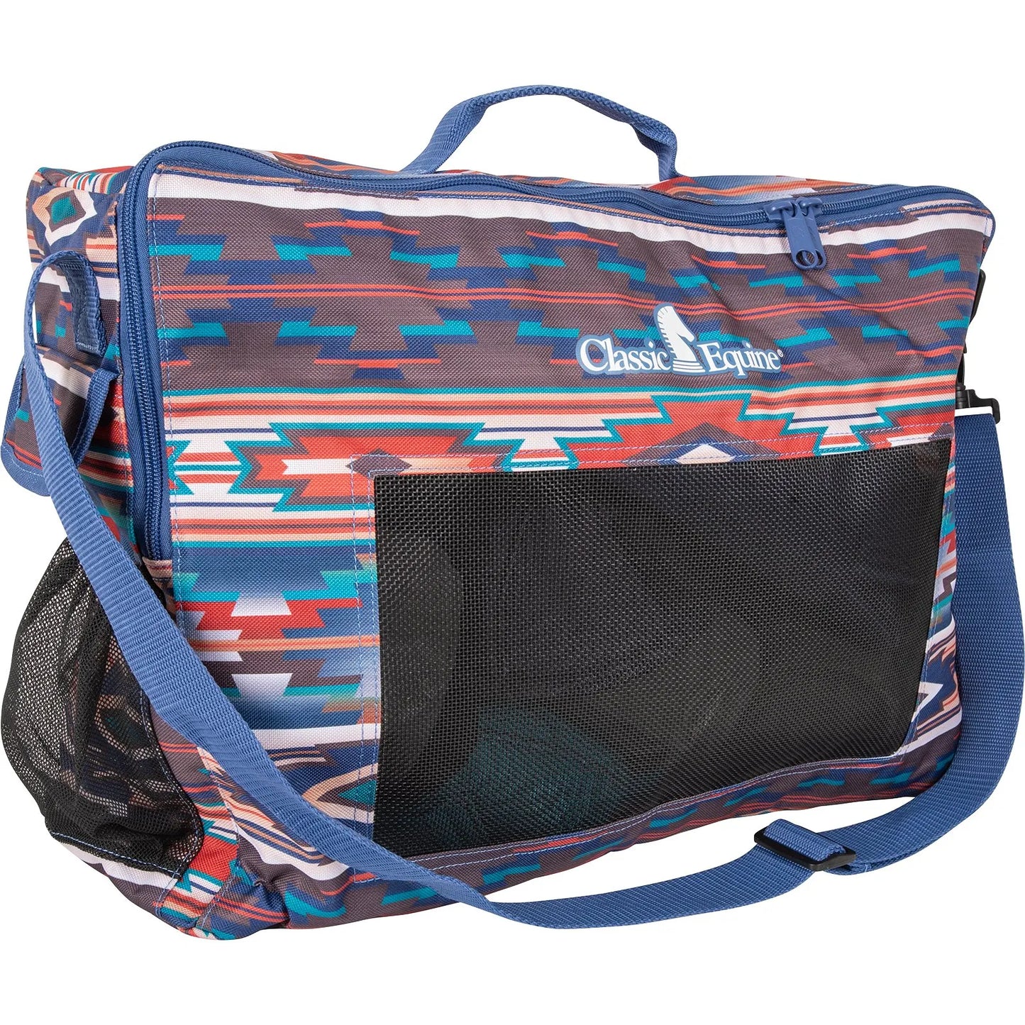 Classic Equine Boot Accessory Tote featuring a vibrant Southwest geometric pattern in blue, coral, and teal. This durable horse leg boot storage bag includes a large front mesh ventilation panel, a side mesh pocket, blue adjustable shoulder strap, and top carry handle. Ideal for organizing equestrian gear, splint boots, and horse accessories at the barn or show. Stylish Western design with the white Classic Equine logo prominently displayed.