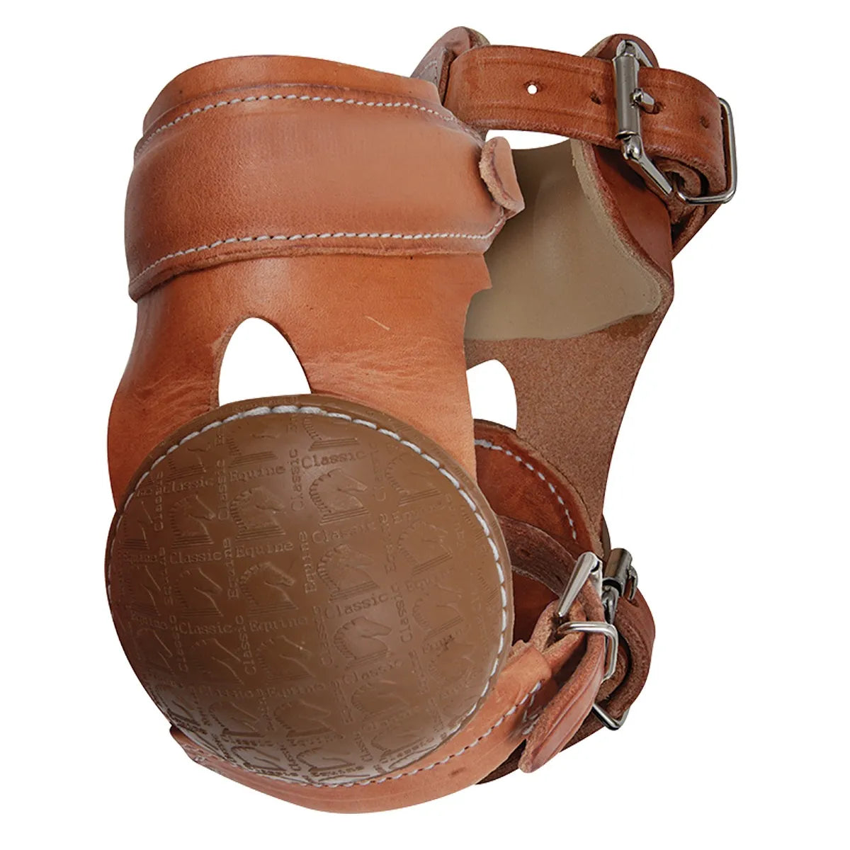 Classic Equine Tan Leather Skid Boots for horses (PSB200) featuring a foam-lined interior and durable rounded skid cups with embossed logos. These hind leg protection boots are designed for reining and performance, featuring white contrast stitching and adjustable leather straps with stainless steel buckles for a secure, easy on/off fit. Ideal for protecting the fetlocks during sliding stops.