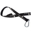 Black Classic Equine bucket strap featuring the iconic white horse head logo and a heavy-duty silver carabiner snap hook. This essential horse stable accessory is made of durable nylon webbing, perfect for hanging water buckets, feed tubs, or organizing tack in trailers and barns. A must-have for equestrian gear organization and secure horse equipment storage.