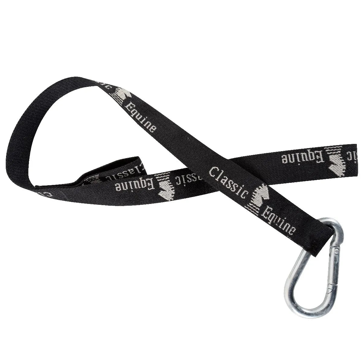 Black Classic Equine bucket strap featuring the iconic white horse head logo and a heavy-duty silver carabiner snap hook. This essential horse stable accessory is made of durable nylon webbing, perfect for hanging water buckets, feed tubs, or organizing tack in trailers and barns. A must-have for equestrian gear organization and secure horse equipment storage.