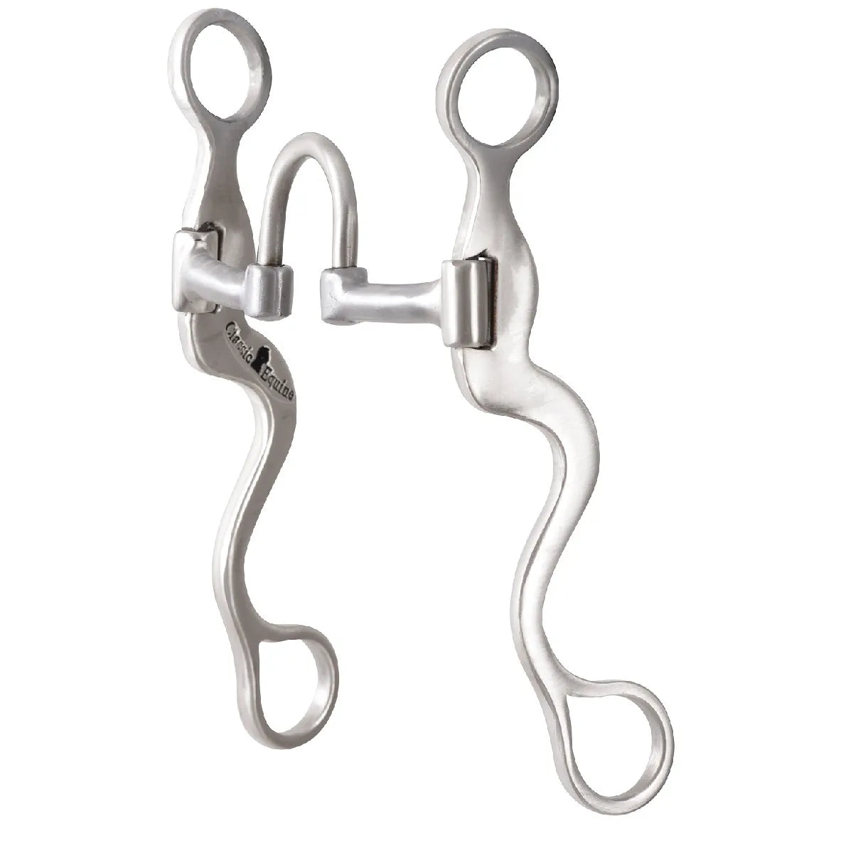 Classic Equine Cavalry Bit featuring polished stainless steel curved shanks and a high port mouthpiece with independent side movement. This western horse bit is designed for enhanced control, precision, and clear communication between horse and rider. The durable design includes bridle loops and rein rings, with the Classic Equine logo engraved on the shank. Ideal for horse training and performance, offering a sleek, professional look for any western bridle setup.