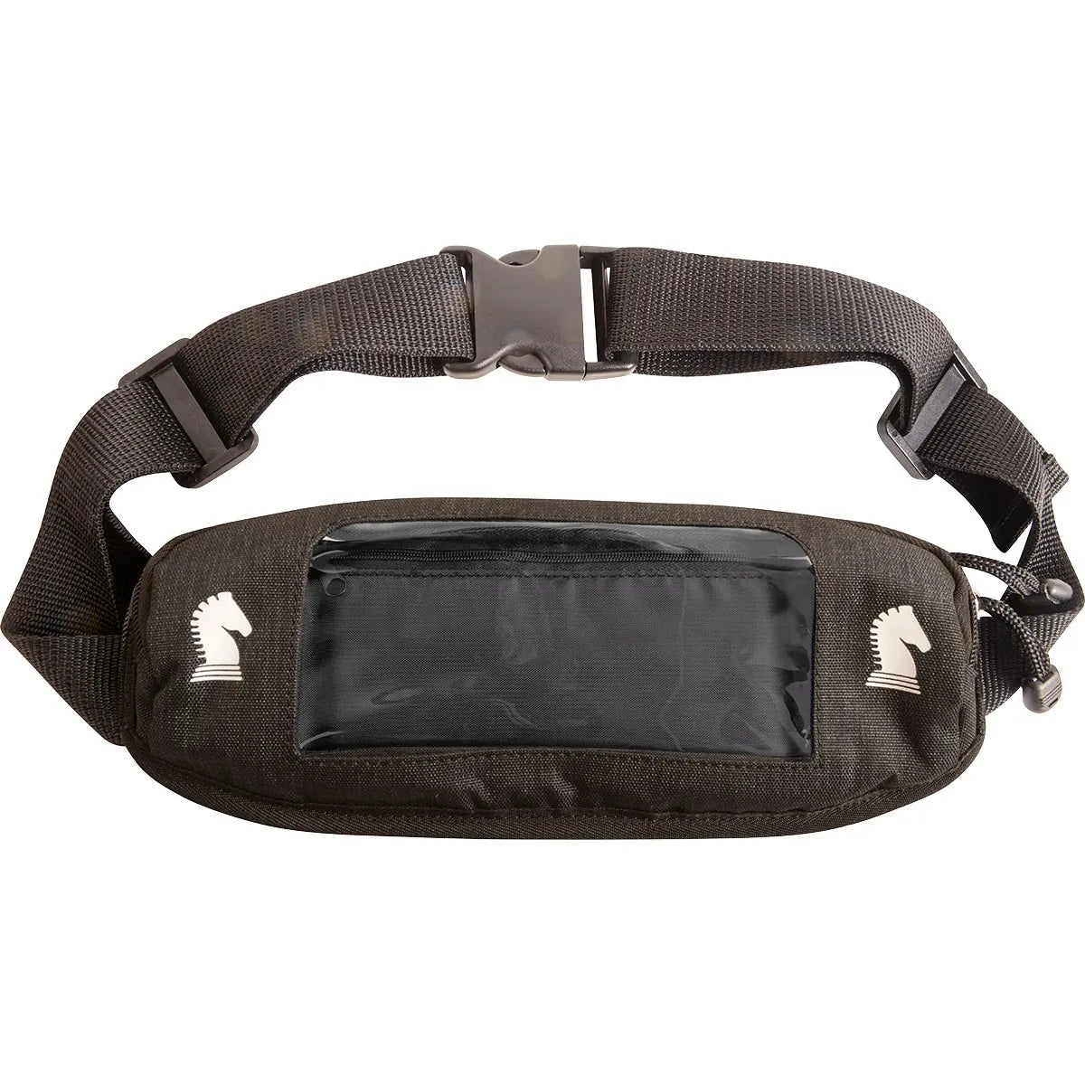 Classic Equine Cell Phone Pack in Midnight black, a sleek equestrian waist bag for hands-free riding. Features a clear, touchscreen-compatible window for easy phone access, a secure zipper, and two white knight horse logos. The adjustable nylon webbing strap with a quick-release buckle ensures a perfect fit for all-day comfort. Ideal for trail riding, horse training, and active barn life.