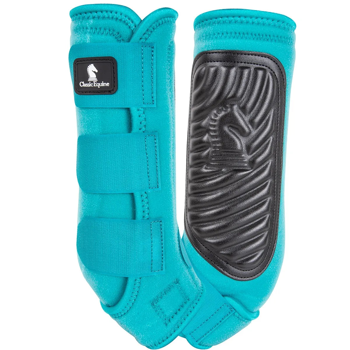 Turquoise Classic Equine Classic Fit Horse Sling Boots for equestrian leg protection. This pair of teal neoprene boots features a triple hook-and-loop strap closure for a secure fit and a durable black strike plate with a molded horse logo for impact resistance. Designed for ultimate support and durability, these stylish horse boots are perfect for training and competition.