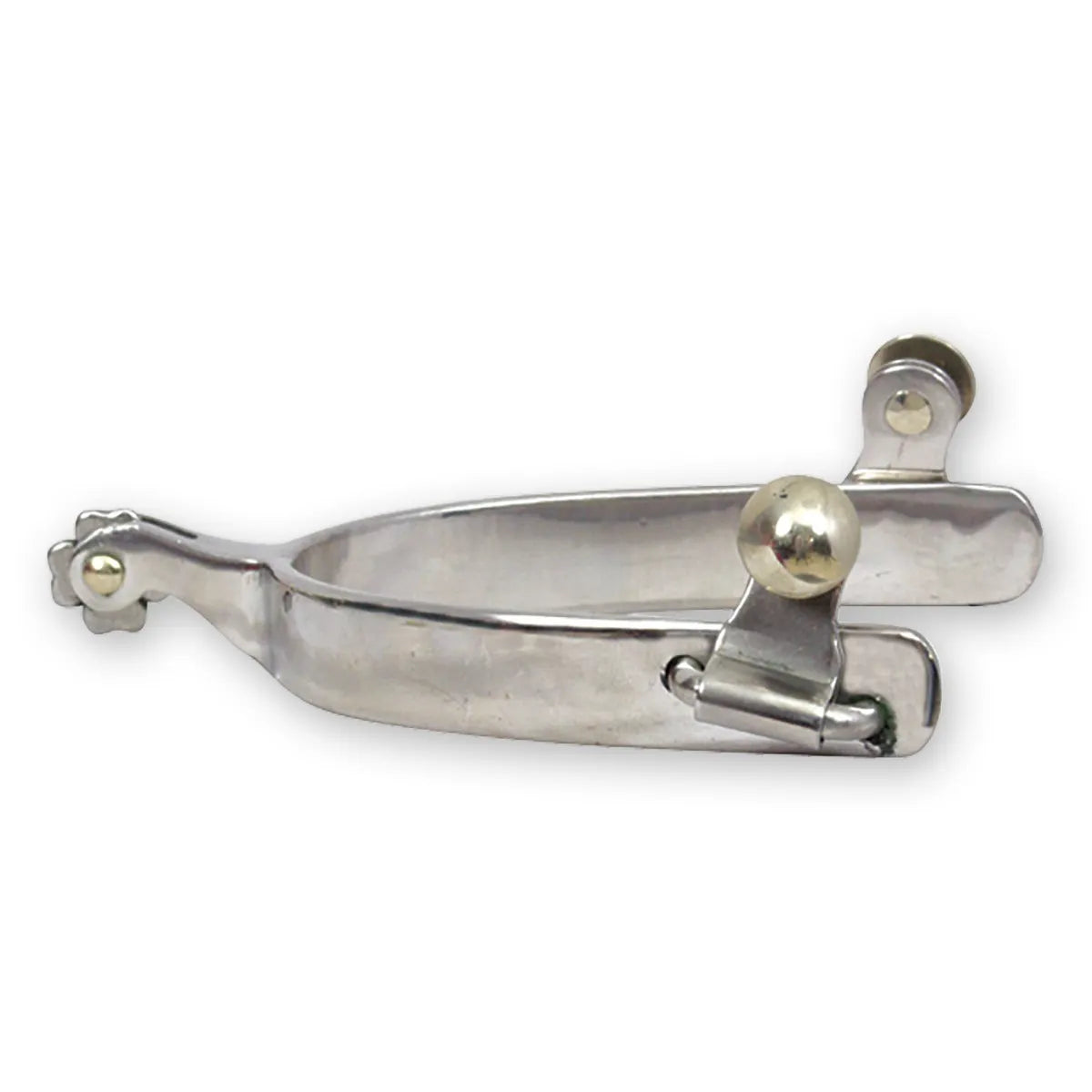 Classic Equine Clover Spurs in polished silver, featuring a unique flower-shaped rowel and sleek heel band for precise riding. These western spurs include shiny gold-toned buttons for secure leather strap attachment, offering both durability and style. High-quality equestrian gear designed to enhance communication and comfort between horse and rider. Ideal for western performance or daily training.