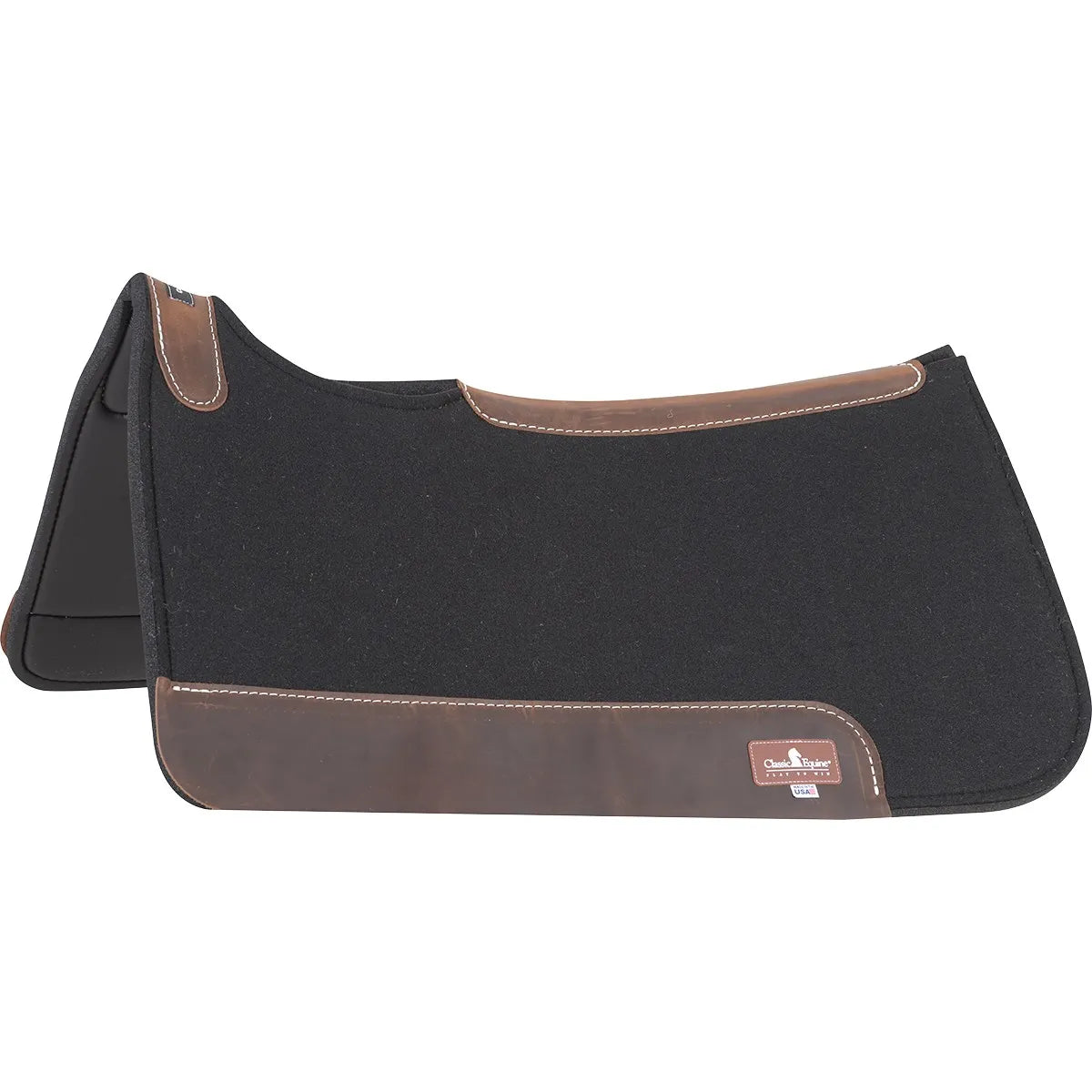 Classic Equine Contourpedic Saddle Pad in black, 30x30 inches. This high-performance Western saddle pad features an anatomically contoured spine for a perfect fit and shock-absorbing comfort. Durable brown leather wear leathers protect against friction, while the orthopedic felt construction provides superior pressure relief for your horse's back. Ideal for ranch work, performance, and everyday trail riding.