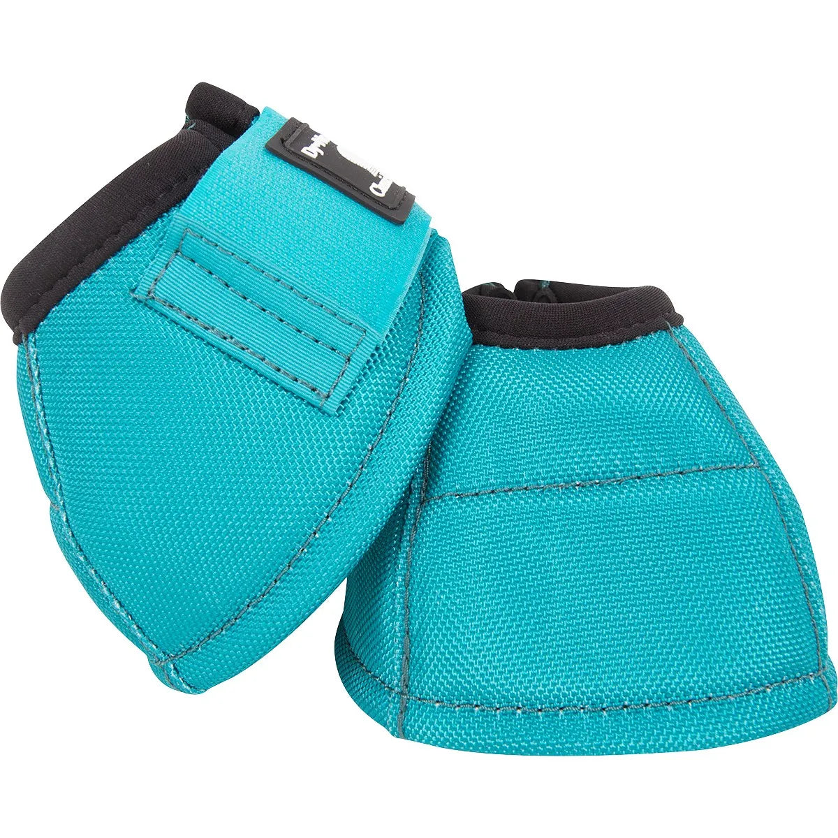 Classic Equine Dyno Bell Boots in vibrant turquoise. These durable horse bell boots feature a heavy-duty outer shell and a soft black neoprene collar for maximum hoof and heel protection. Designed with a secure hook-and-loop closure for a stay-put fit, they are essential equestrian gear for preventing overreach injuries during riding, training, or turnout. High-quality, stylish protective horse boots for the performance athlete.