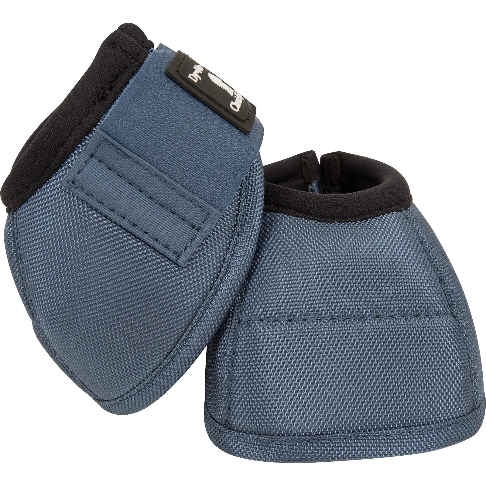 Classic Equine Dyno No-Turn Bell Boots in a textured steel blue fabric with soft black neoprene trim. These high-performance horse bell boots provide durable overreach protection for hooves and heels during riding or turnout. Featuring a secure hook-and-loop closure and contoured fit, they are essential equestrian gear for any horse owner looking for a blend of style, comfort, and impact protection.