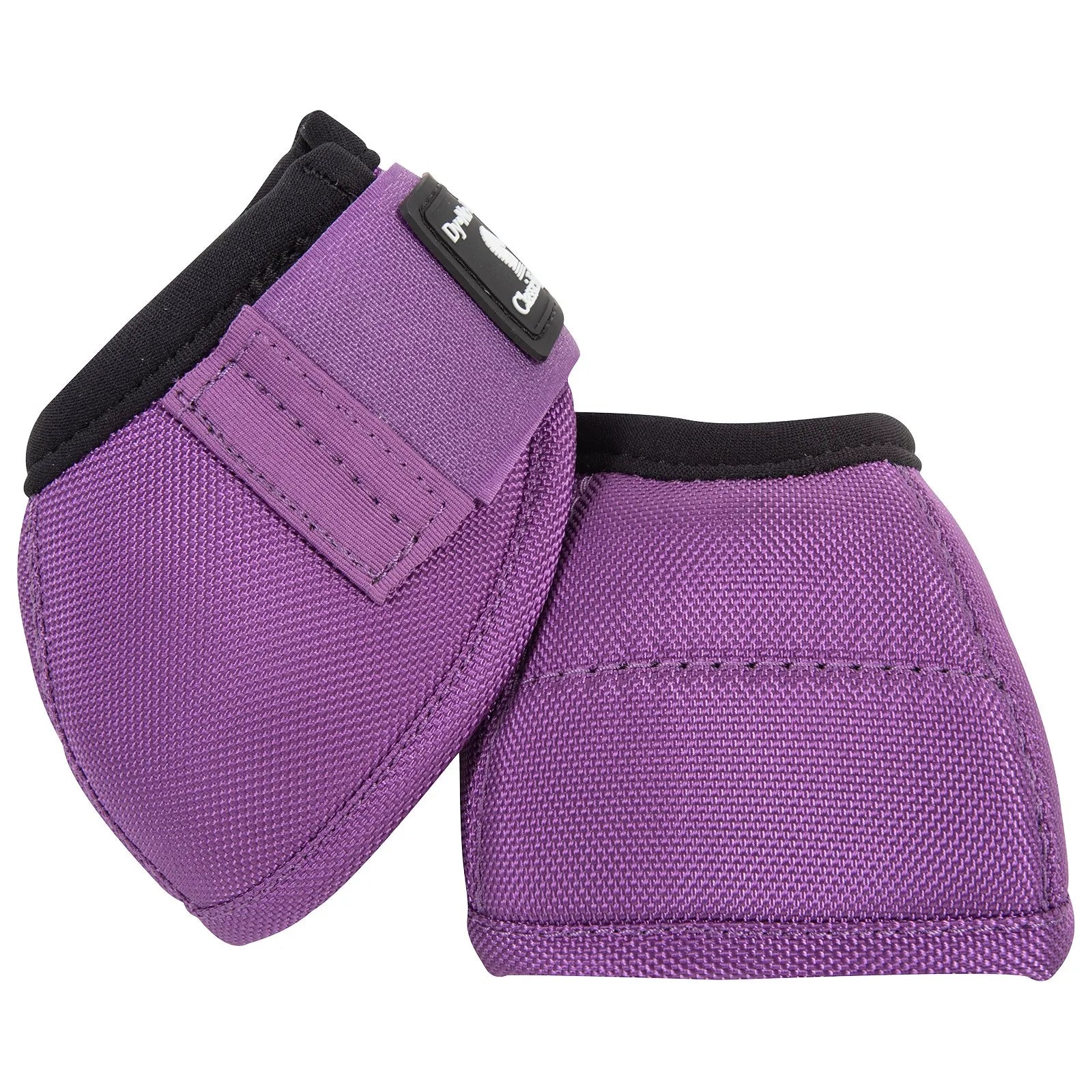 Classic Equine Dyno Bell Boots in vibrant purple, featuring a durable ballistic nylon outer shell and shock-absorbing neoprene lining. These high-quality horse bell boots show a secure double hook-and-loop closure and brand logo, designed to protect hooves from overreaching injuries. Essential equestrian protective gear for performance, training, or turnout in a stylish solid color.