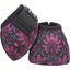 Classic Equine Dyno No-Turn bell boots featuring a vibrant pink and teal mandala floral pattern on a black background. These durable horse hoof protection boots include a heavy-duty hook-and-loop closure for a secure fit during riding, jumping, or barrel racing. Stylish and functional equestrian gear designed to prevent overreach injuries while adding a pop of color to your horse's tack.