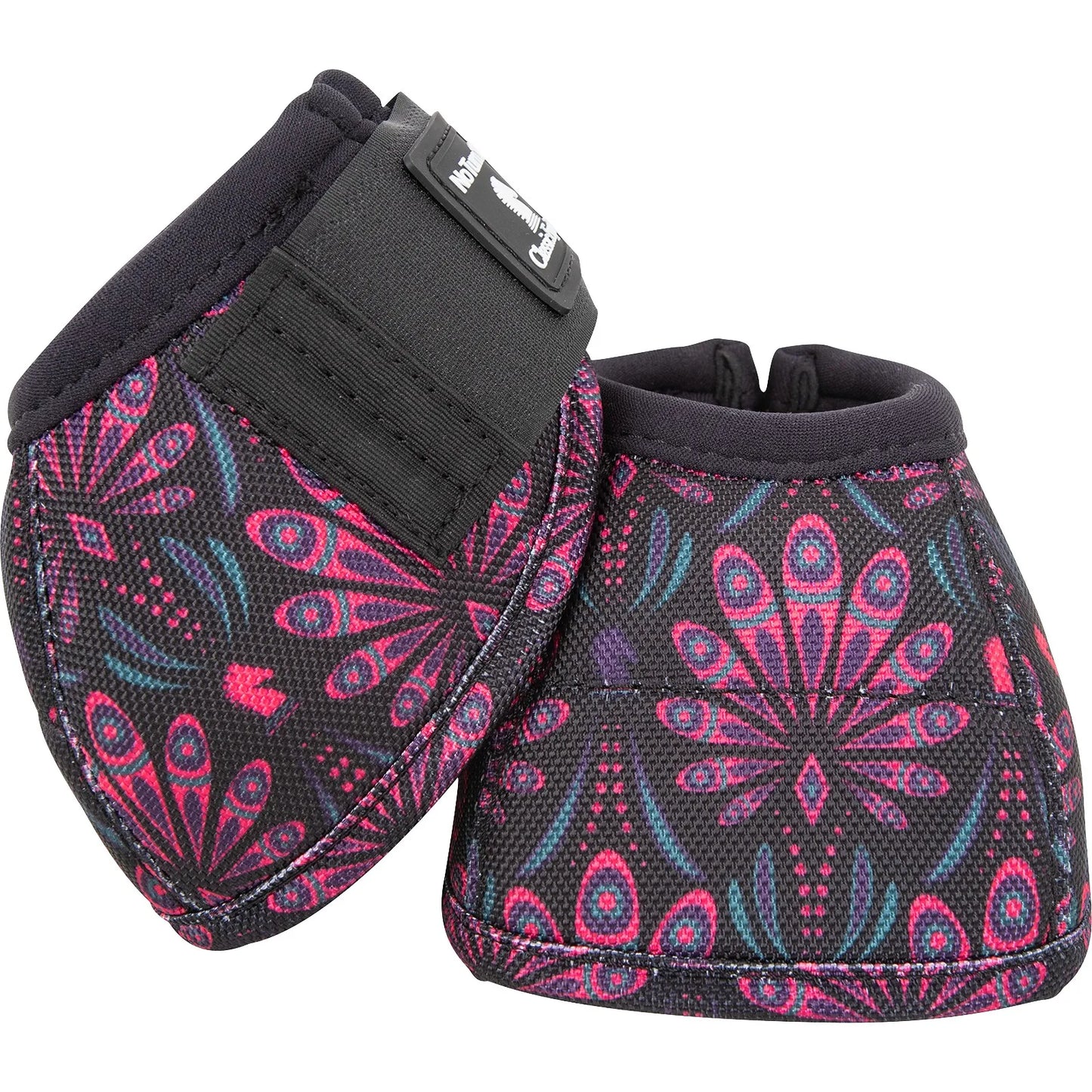 Classic Equine Dyno No-Turn bell boots featuring a vibrant pink and teal mandala floral pattern on a black background. These durable horse hoof protection boots include a heavy-duty hook-and-loop closure for a secure fit during riding, jumping, or barrel racing. Stylish and functional equestrian gear designed to prevent overreach injuries while adding a pop of color to your horse's tack.