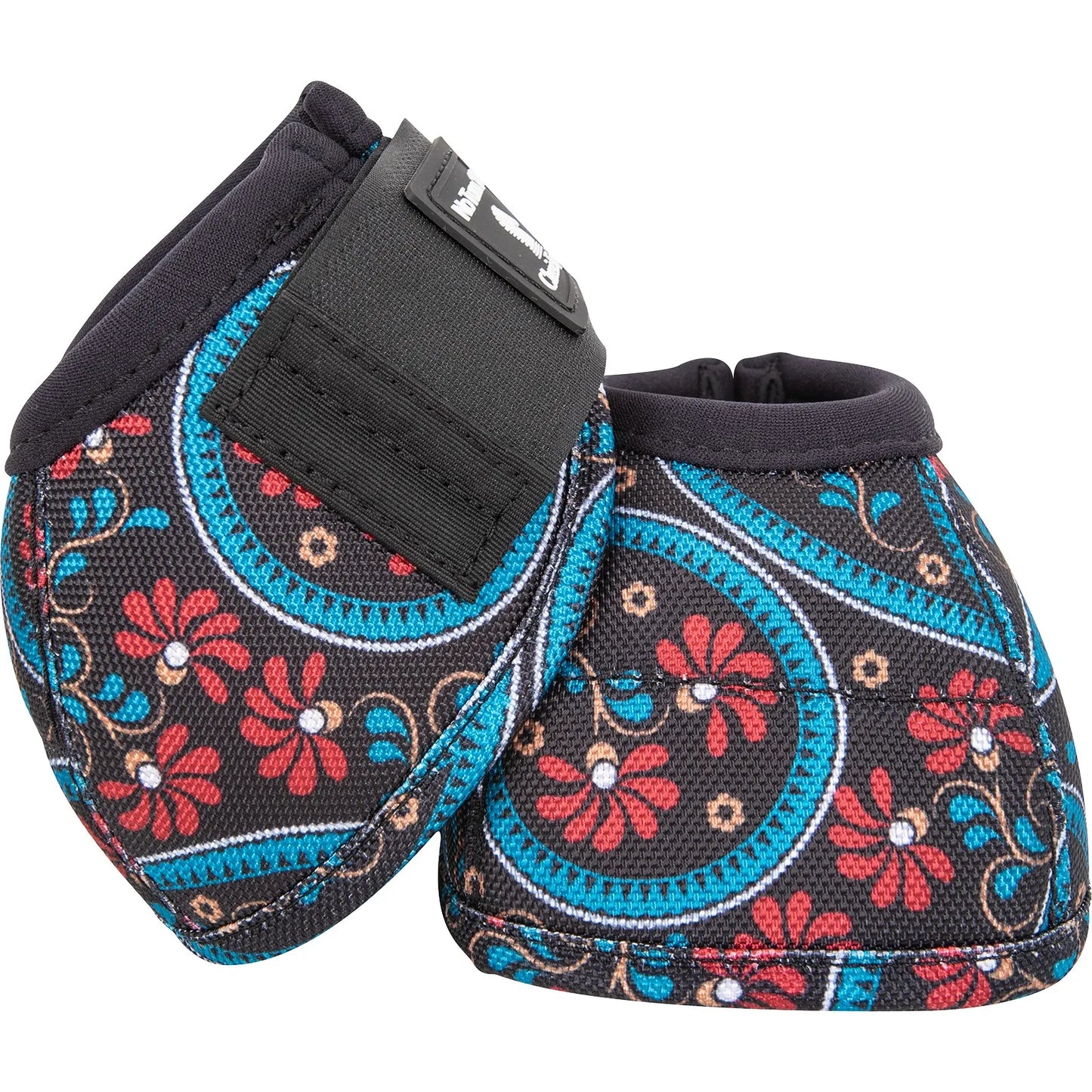 Classic Equine Dyno No-Turn Bell Boots featuring a vibrant floral paisley pattern in teal, red, and gold on black. These protective horse boots offer a heavy-duty outer shell, secure hook-and-loop closure, and soft neoprene trim for comfort. Ideal for barrel racing, show jumping, or everyday riding, these stylish boots provide superior hoof protection and durability for any equestrian discipline.