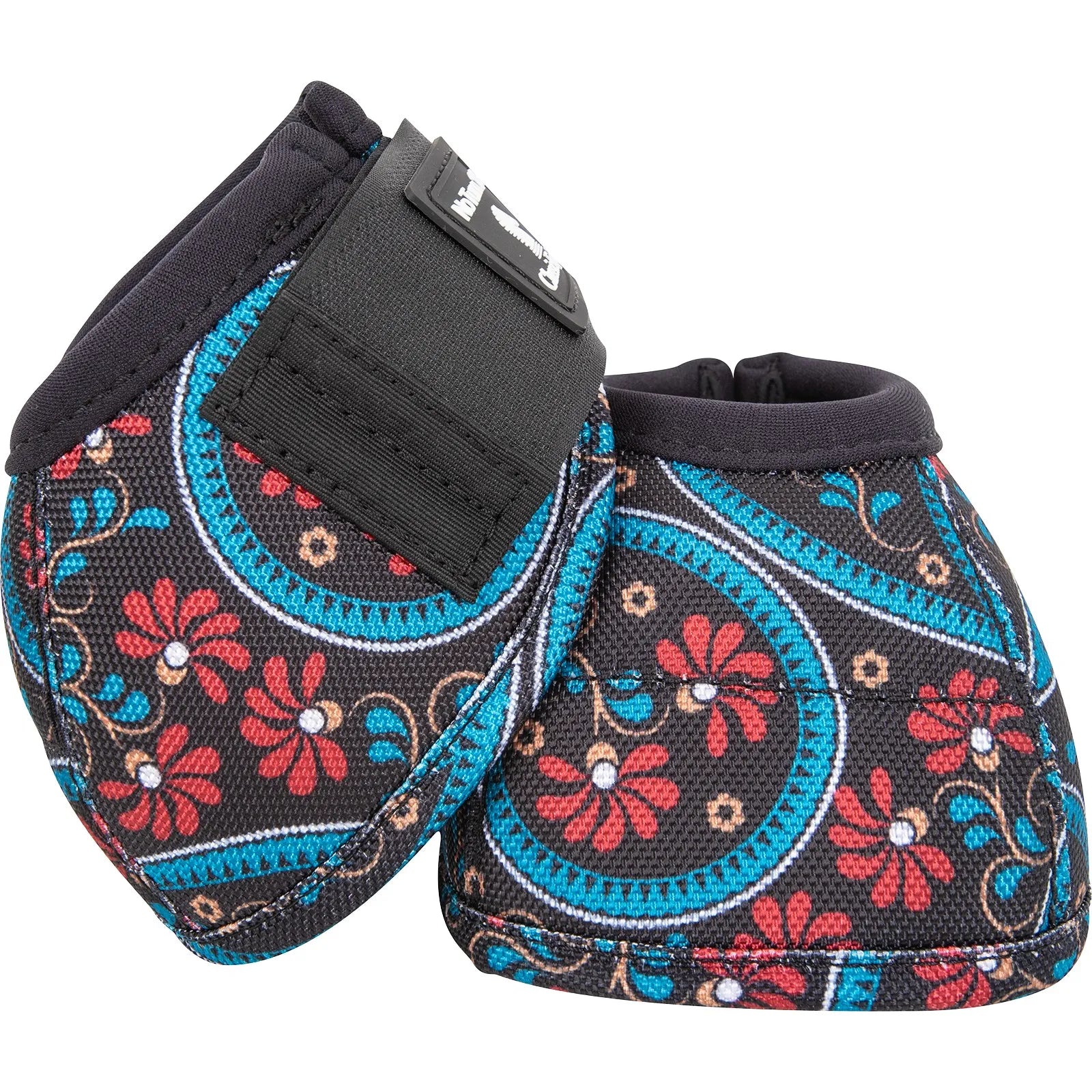Classic Equine Dyno No-Turn Bell Boots featuring a vibrant floral paisley pattern in teal, red, and gold on black. These protective horse boots offer a heavy-duty outer shell, secure hook-and-loop closure, and soft neoprene trim for comfort. Ideal for barrel racing, show jumping, or everyday riding, these stylish boots provide superior hoof protection and durability for any equestrian discipline.