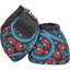 Classic Equine Dyno No-Turn Bell Boots in a vibrant black, red, and turquoise floral pattern. These durable horse overreach boots provide essential hoof protection with a secure black Velcro strap and a soft, padded top rim. A stylish and functional addition to any equestrian gear collection, perfect for horse training, performance, and turnout.