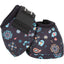Classic Equine Dyno No-Turn Bell Boots featuring a vibrant floral and leopard pattern with teal, coral, and gold accents on a black background. These durable protective horse boots offer a secure fit with a wide hook-and-loop closure strap for superior hoof and heel bulb protection. Stylish and functional western horse gear, perfect for barrel racing, performance events, or everyday trail riding.
