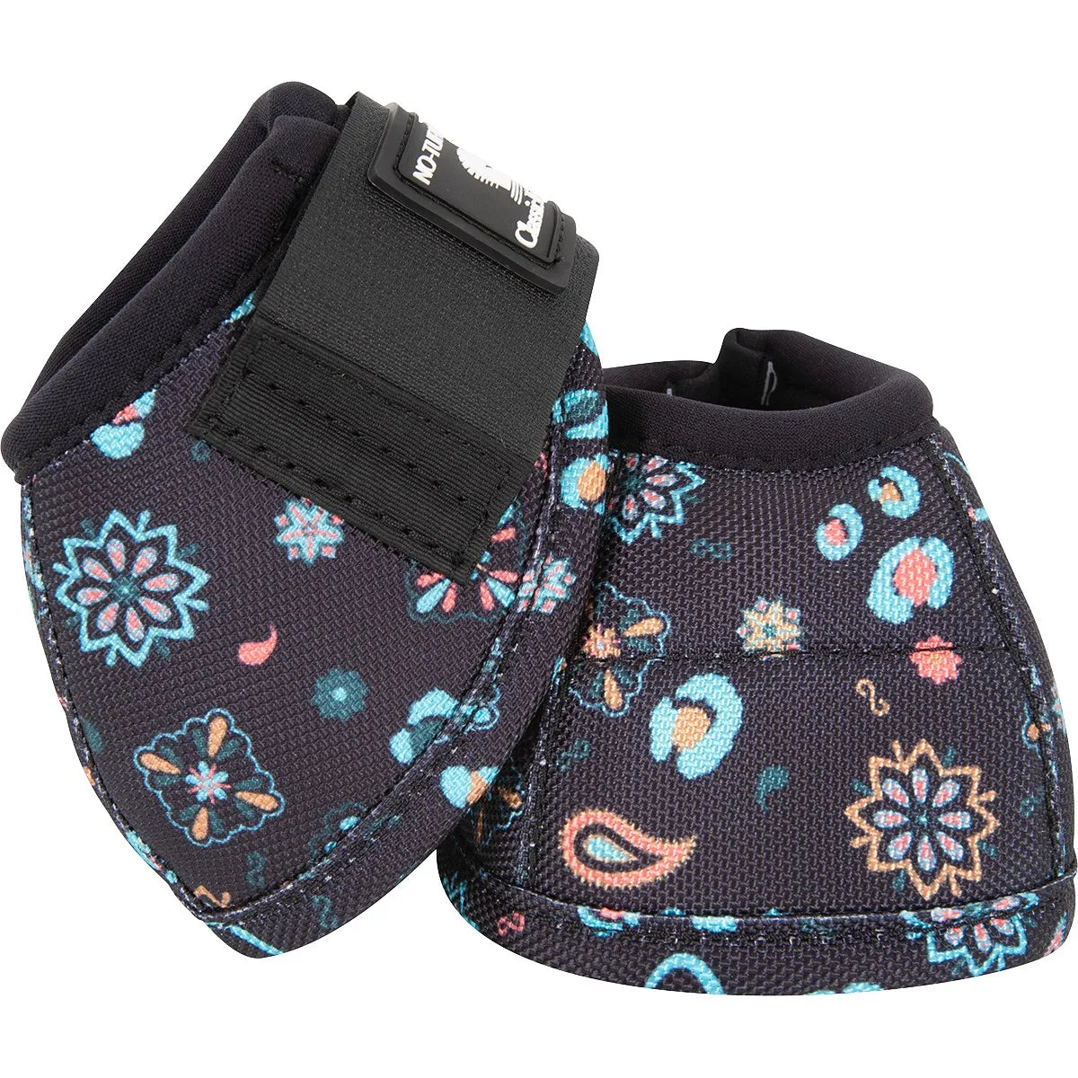 Classic Equine Dyno No-Turn Bell Boots featuring a vibrant floral and leopard pattern with teal, coral, and gold accents on a black background. These durable protective horse boots offer a secure fit with a wide hook-and-loop closure strap for superior hoof and heel bulb protection. Stylish and functional western horse gear, perfect for barrel racing, performance events, or everyday trail riding.
