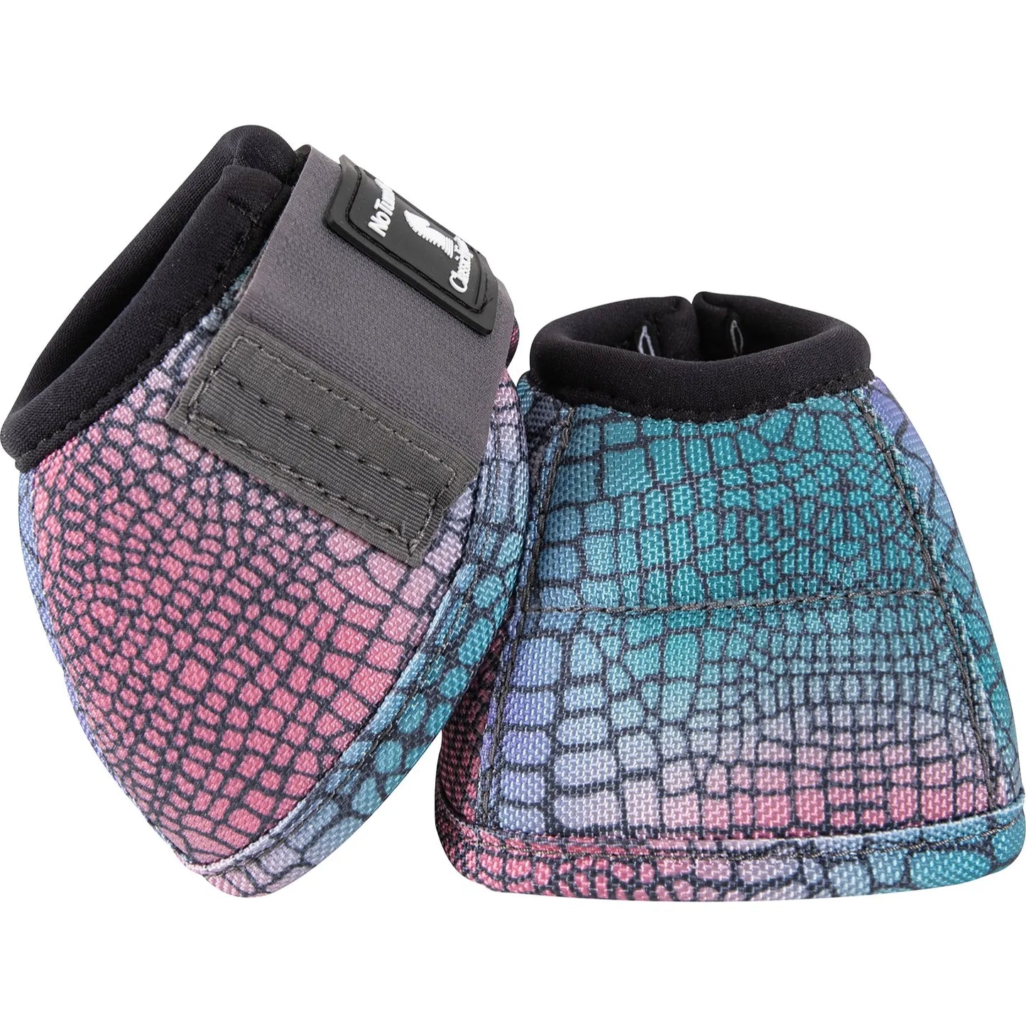 Classic Equine Dyno No Turn Bell Boots featuring a vibrant iridescent pink and teal crocodile scale print. These high-quality horse boots provide superior hoof protection with a durable outer shell, soft black neoprene lining, and secure grey Velcro straps. Ideal for equestrians looking for stylish and functional horse gear with a fun, colorful pattern for schooling, competition, or turnout.