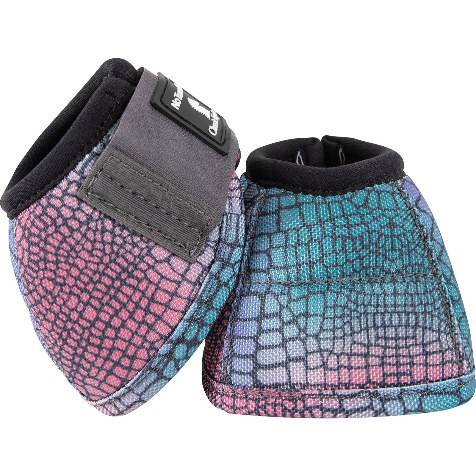 Classic Equine Dyno No Turn Bell Boots featuring a vibrant iridescent pink and teal crocodile scale print. These high-quality horse boots provide superior hoof protection with a durable outer shell, soft black neoprene lining, and secure grey Velcro straps. Ideal for equestrians looking for stylish and functional horse gear with a fun, colorful pattern for schooling, competition, or turnout.