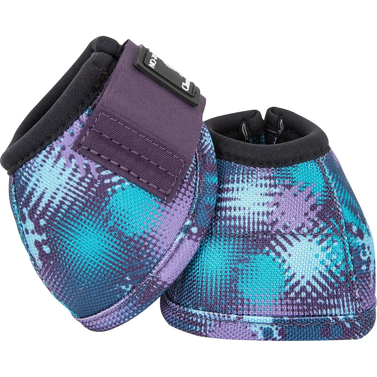 Classic Equine Dyno Bell Boots for horses featuring a vibrant purple and teal abstract digital print. These durable no-turn bell boots provide superior hoof and heel protection with a secure hook-and-loop closure and soft black trim. Perfect for equestrian training, performance, and turnout, these stylish horse boots combine high-impact protection with a fun, eye-catching pattern.