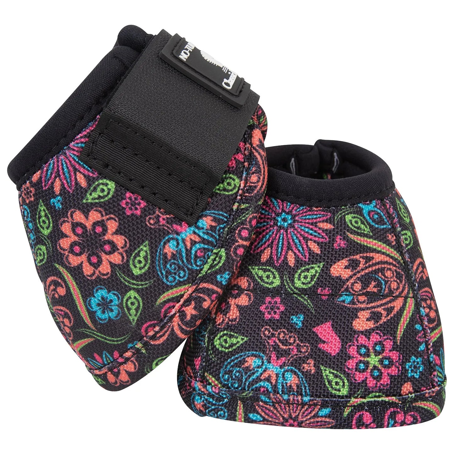 Classic Equine Dyno No-Turn Bell Boots in a vibrant floral and paisley print. These protective horse boots feature a colorful pattern of pink, orange, blue, and green flowers on a black background. Shown with a secure black hook-and-loop closure and a "NO-TURN" rubber tab, these boots offer durable hoof protection with a fun, stylish flair. Ideal for performance horses or daily riding, combining high-quality equestrian gear with eye-catching western style.