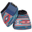 Classic Equine Dyno No-Turn Bell Boots for horse hoof protection, showcasing a vibrant Southwest geometric serape pattern in red, turquoise, and tan. These durable overreach boots feature a heavy-duty fabric exterior, soft black padded collars, and secure wide blue hook-and-loop closures. Perfect for equestrian riding or turnout, these stylish bell boots offer impact protection with a trendy western design.