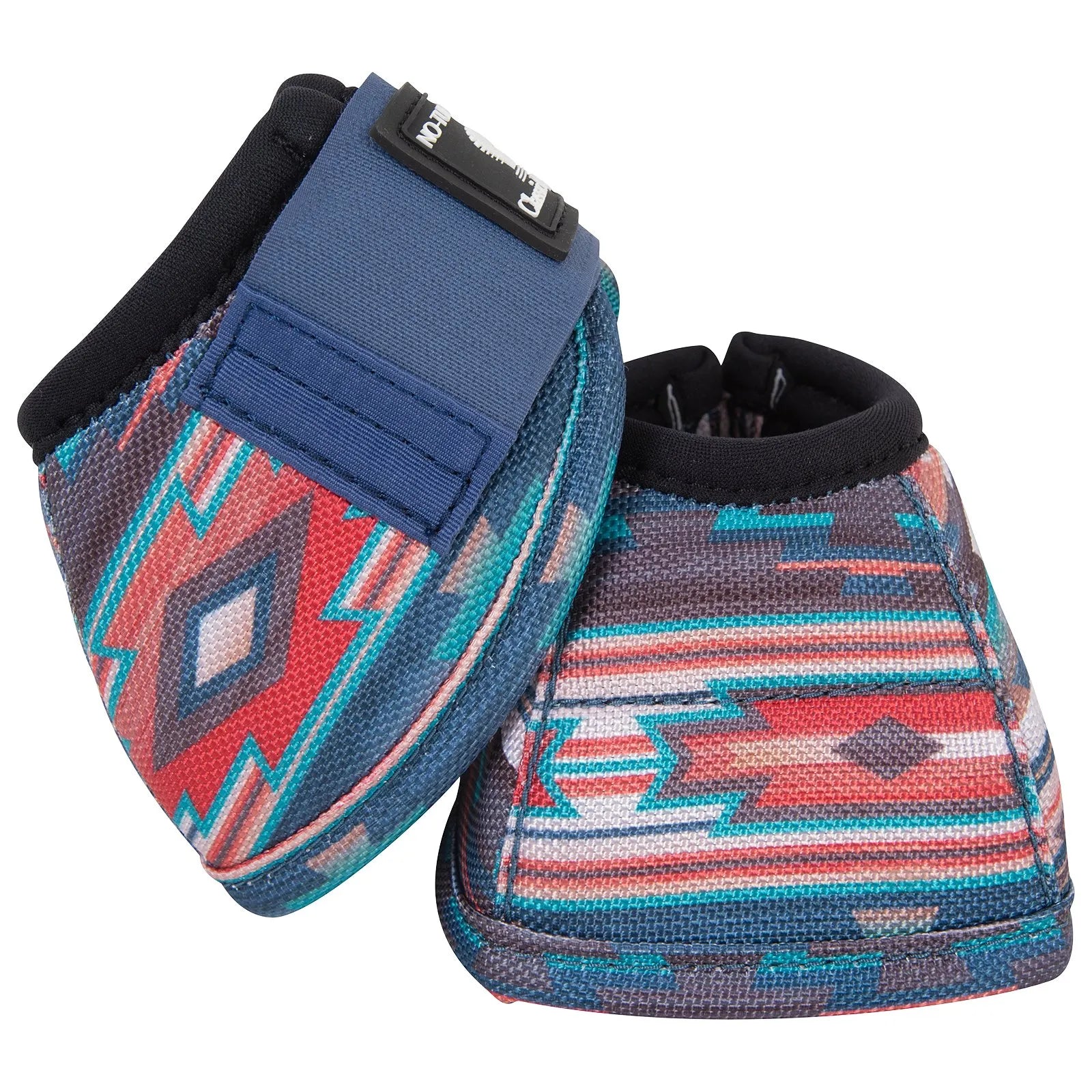 Classic Equine Dyno No-Turn Bell Boots for horse hoof protection, showcasing a vibrant Southwest geometric serape pattern in red, turquoise, and tan. These durable overreach boots feature a heavy-duty fabric exterior, soft black padded collars, and secure wide blue hook-and-loop closures. Perfect for equestrian riding or turnout, these stylish bell boots offer impact protection with a trendy western design.