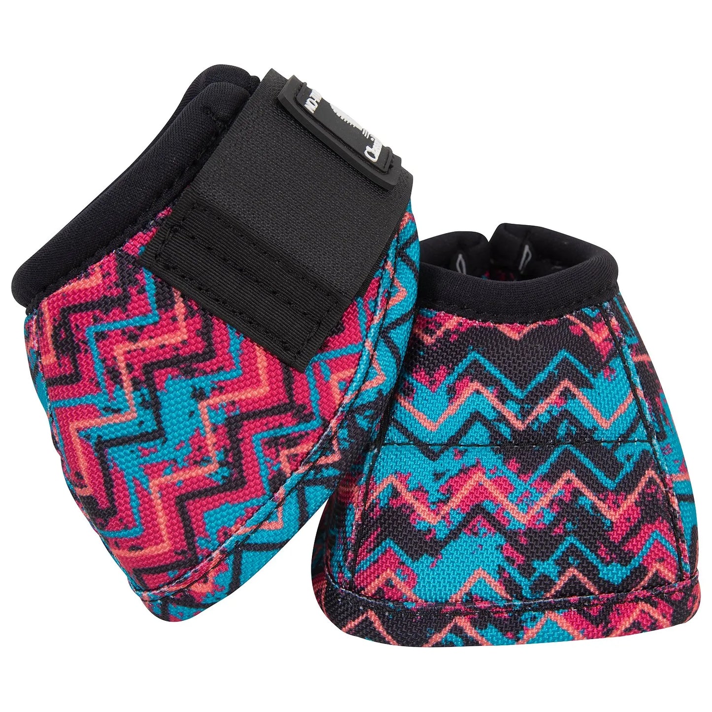 Classic Equine Dyno No-Turn Bell Boots in a vibrant pink, turquoise, and black zigzag chevron pattern. These durable horse bell boots offer superior hoof protection with a heavy-duty Velcro strap and a secure, no-turn design. Ideal for barrel racing, performance, or daily riding, this colorful equine leg protection combines style and function for any equestrian gear collection.