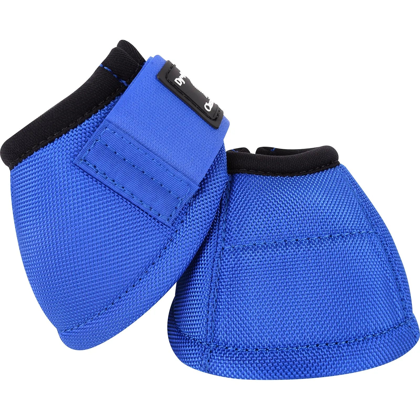Pair of royal blue Classic Equine Dyno Bell Boots designed for ultimate horse hoof protection. Features include a heavy-duty 2500-denier outer shell, a soft black padded collar to prevent rubbing, and a secure hook-and-loop closure with a rubberized logo tab. Durable and shock-absorbing, these equestrian overreach boots protect the pastern and hoof from strikes during riding, training, or turnout.