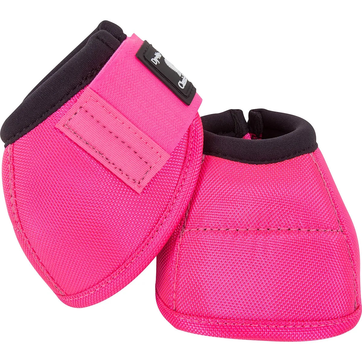 Bright hot pink Classic Equine Dyno Bell Boots for horse hoof protection. These durable equestrian boots feature a heavy-duty, tear-resistant outer shell with a soft black neoprene collar for comfort. A secure double-locking hook-and-loop closure ensures they stay in place during performance or turnout. Ideal for preventing overreach injuries, these stylish pink bell boots are a must-have for any horse owner’s gear collection.