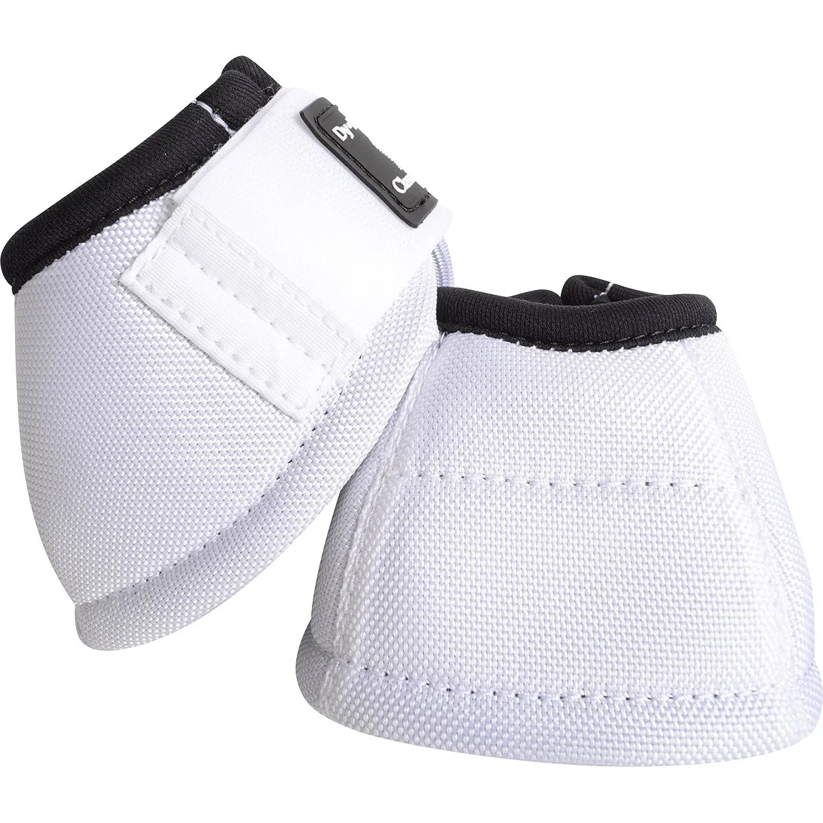 Classic Equine Dyno Bell Boots in white, featuring heavy-duty ballistic construction and a soft black jersey trim for comfort. These high-performance horse bell boots offer ultimate hoof and coronet protection with a secure double-hook-and-loop closure. Ideal for preventing overreach injuries in performance horses, these durable equestrian boots are a tack room essential for daily training or competition.