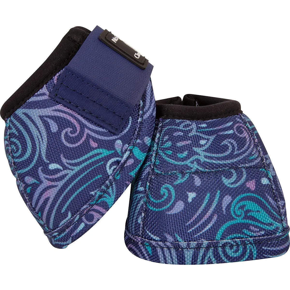 Classic Equine Dyno Turn Patterned Bell Boots in Nova, featuring a vibrant navy, teal, and purple paisley swirl design. These durable horse boots offer superior hoof protection with a secure blue Velcro strap and soft black neoprene rim. Perfect equestrian gear for preventing overreaching injuries during riding or turnout. High-performance, stylish bell boots for horses in the Nova S pattern.