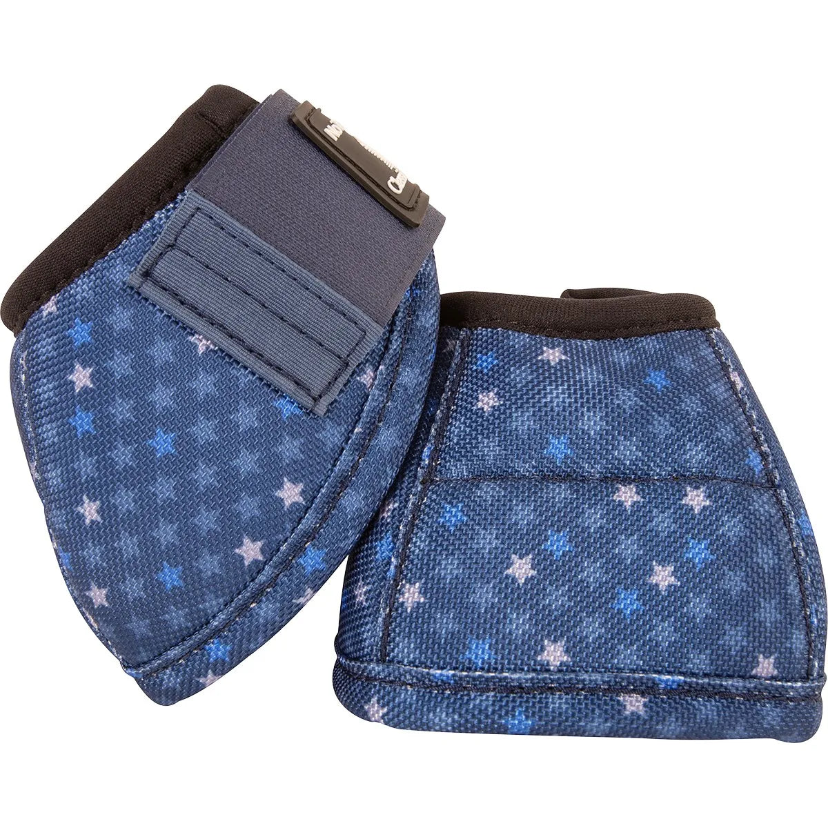 Classic Equine Dyno No Turn Bell Boots in a stylish blue Sparkler star pattern. These small equestrian hoof boots feature a durable outer shell with scattered light blue and white stars, a soft black padded rim, and a secure hook-and-loop closure strap. Designed to provide maximum hoof protection and prevent overreaching, these protective boots are perfect for western or English performance horses and daily training.