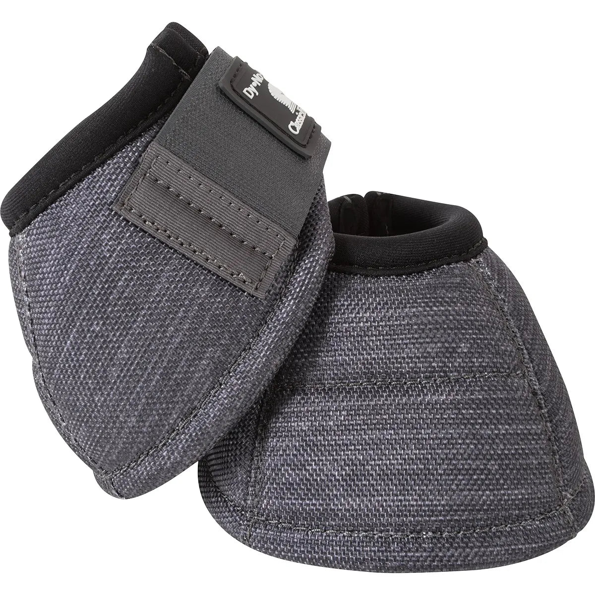 Pair of Classic Equine Dynohide 2520D No Turn Bell Boots in charcoal gray. These durable horse overreach boots feature a heavy-duty textured outer shell, soft padded collar for comfort, and a secure hook-and-loop closure with a no-turn design to prevent shifting. High-quality equestrian hoof protection designed for impact resistance and maximum performance during training or competition.