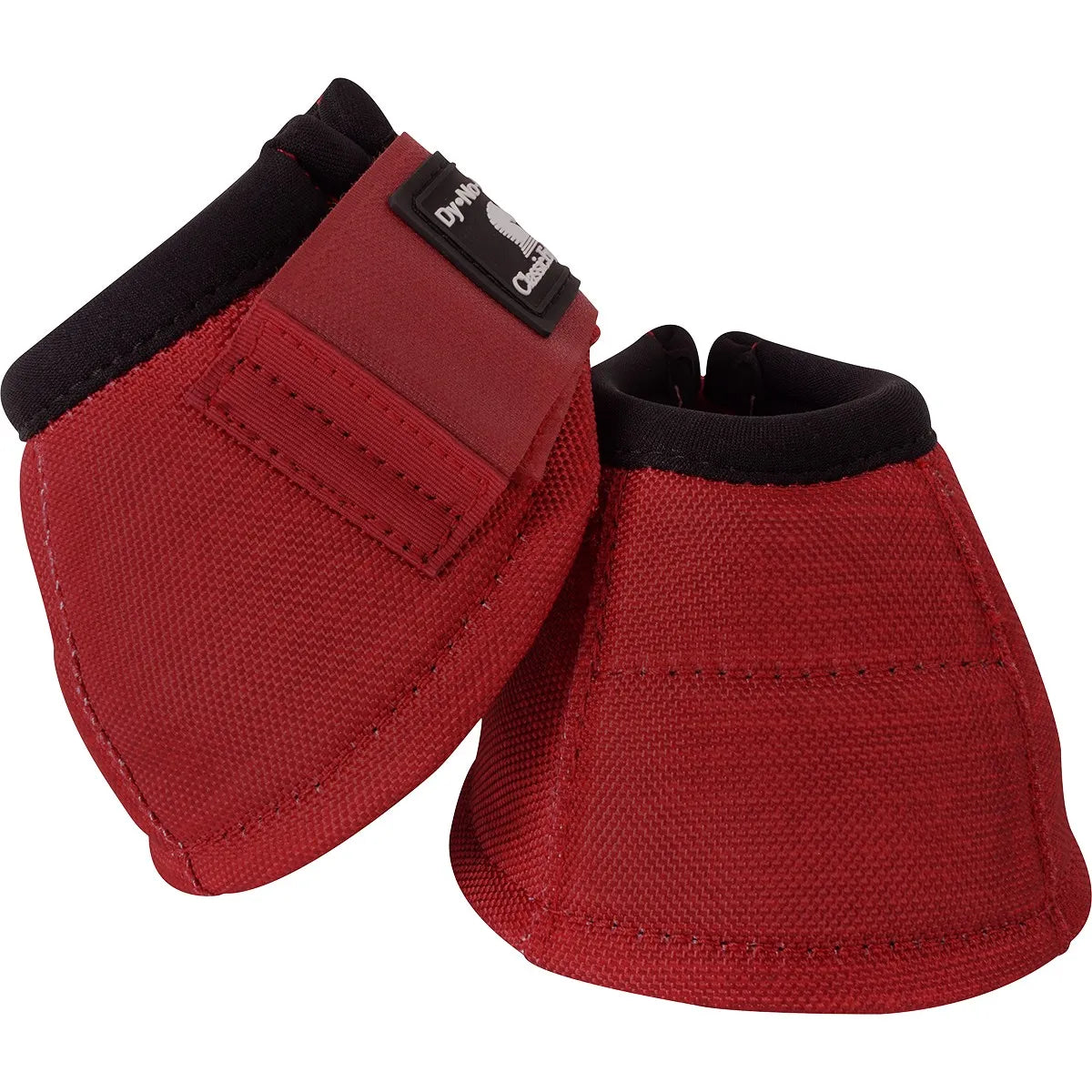 Classic Equine Dynohide 2520D No Turn Bell Boots in Crimson Red. These durable overreach boots feature heavy-duty 2520 denier material, a secure hook-and-loop strap, and a no-turn design to ensure consistent hoof protection. Soft black neoprene lining at the top adds comfort, while the vibrant crimson color offers a professional look. Ideal horse leg protection for training, competition, or turnout to prevent overreach injuries and provide shock absorption.