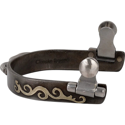 Classic Equine Engraved Scroll Bumper Spurs featuring sophisticated gold-toned scrollwork on a dark steel band. These elegant western spurs offer a gentle, rowel-less bumper design for effective yet refined cues. Crafted with a premium finish and silver swing arm attachments, these spurs combine style and function for the discerning equestrian rider. Perfect for horse training, western performance, and showing.