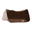 Classic Equine ESP Extra Sensory Protection wool felt Western saddle pad in black. Features a 1-inch thick shock-absorbing design, contoured spine for an ergonomic fit, and durable brown leather wear leathers. The natural cream felt underside provides comfort for the horse during performance or trail riding. A high-quality equine accessory for superior shock protection and saddle stability. Dimensions: 31in x 32in x 1in.