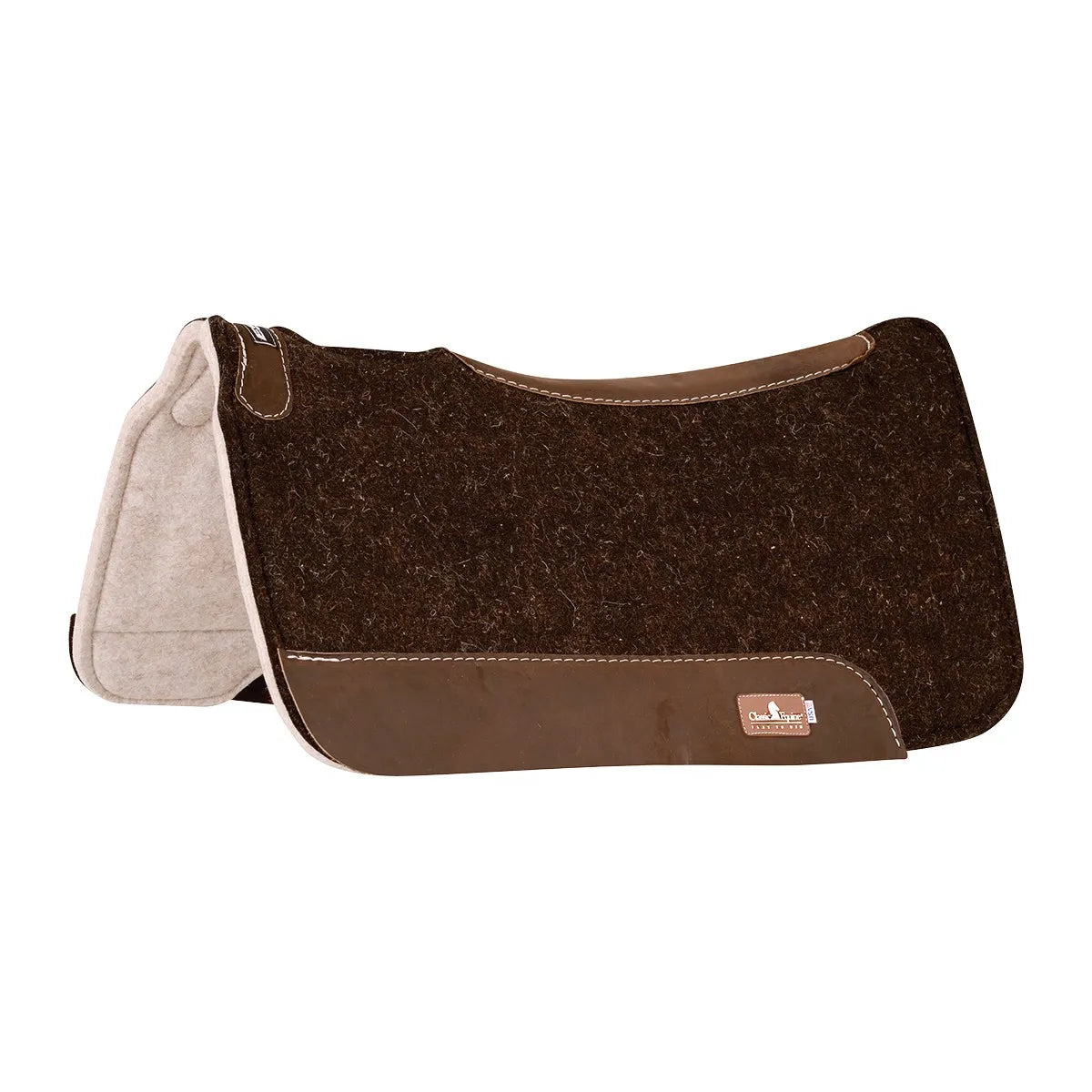 Classic Equine ESP Extra Sensory Protection wool felt Western saddle pad in black. Features a 1-inch thick shock-absorbing design, contoured spine for an ergonomic fit, and durable brown leather wear leathers. The natural cream felt underside provides comfort for the horse during performance or trail riding. A high-quality equine accessory for superior shock protection and saddle stability. Dimensions: 31in x 32in x 1in.