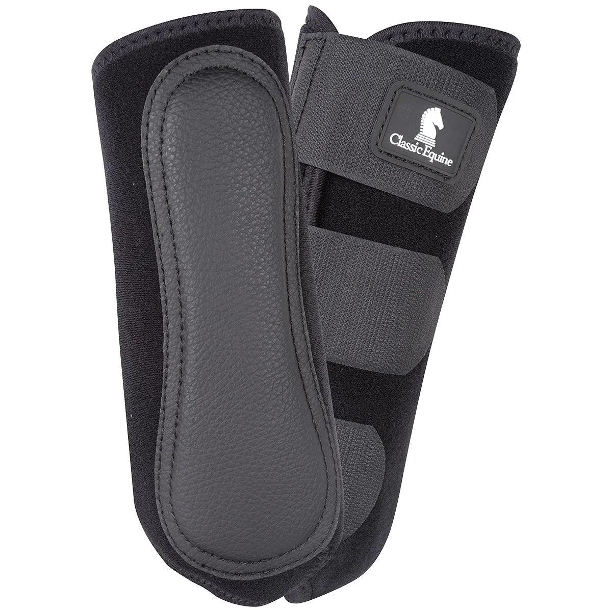 Classic Equine EZ Wrap Lite Front Splint Boots in black, featuring a durable, textured leather strike pad and a secure triple hook-and-loop closure system. These lightweight, neoprene horse leg boots provide essential impact protection and support for the cannon bone and soft tissues during riding or training. Ideal for high-performance equestrian disciplines, these splint boots offer a contoured fit for ultimate horse leg protection and comfort.
