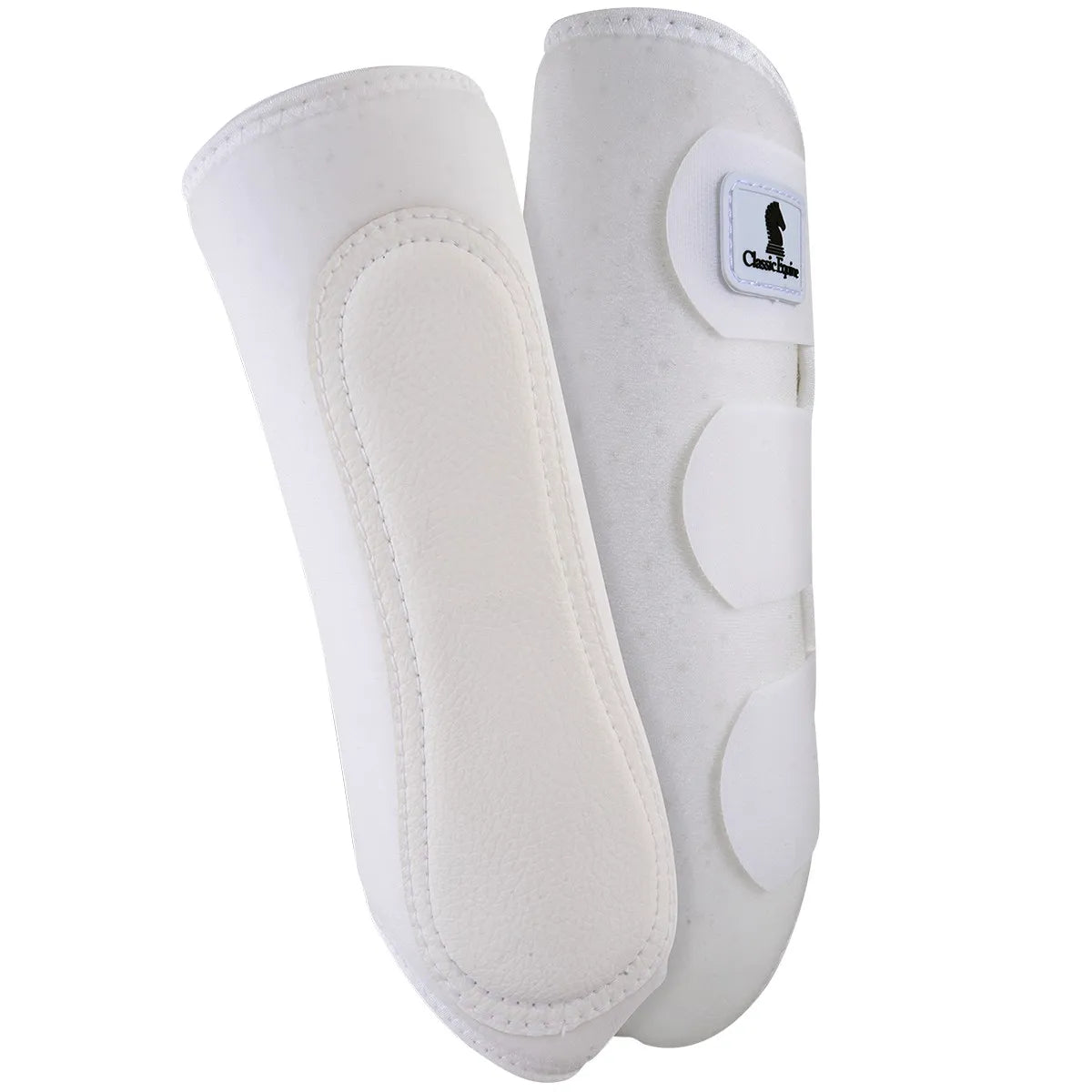 Classic Equine EZ Wrap Lite Front Splint Boots in bright white, providing ultimate leg protection for horses. Features include a reinforced inner strike pad for impact absorption and three secure hook-and-loop closures for a snug, adjustable fit. These lightweight, breathable equestrian boots are ideal for training and performance, offering both durability and style. High-quality horse leg gear designed for maximum comfort and safety during every ride.