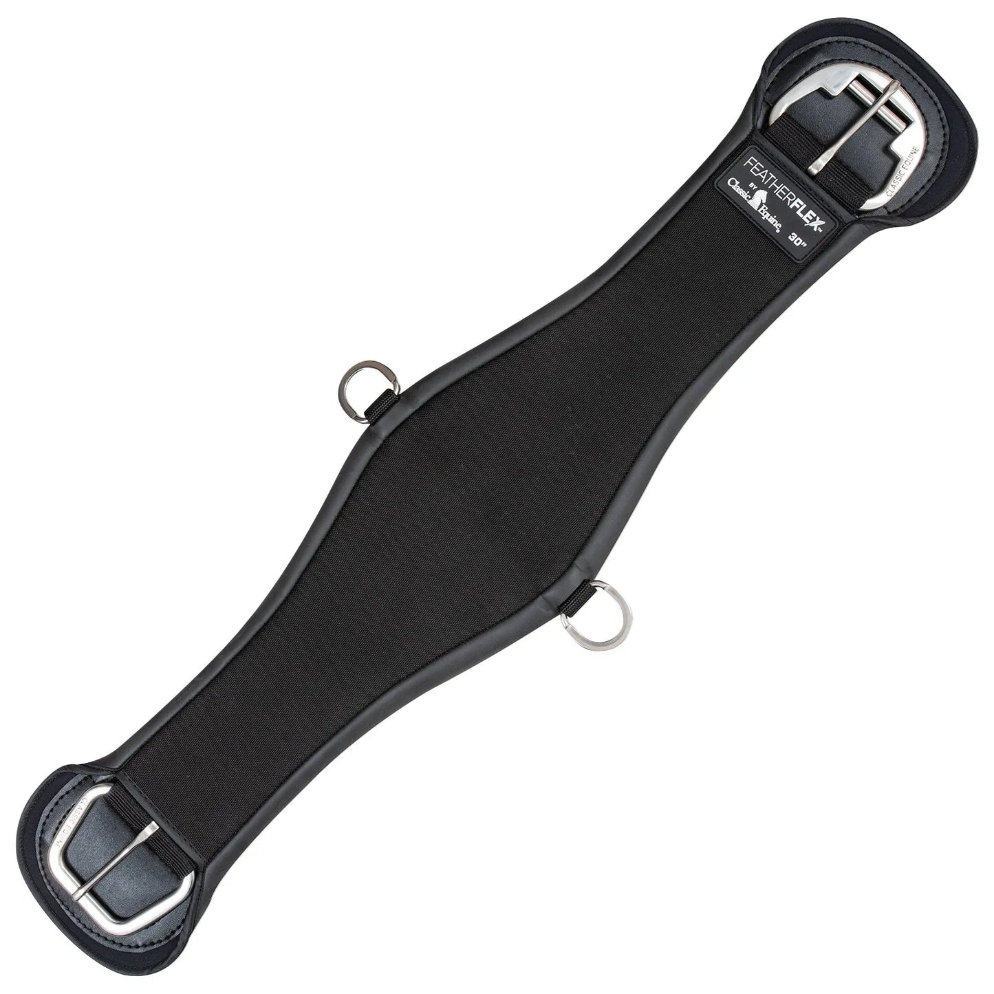 Classic Equine Feather Flex Roper Cinch in black, featuring a wide, contoured design for maximum horse comfort and pressure distribution. This 30-inch Western cinch includes durable stainless steel roller buckles and center D-rings for easy equipment attachment. Crafted with high-quality, breathable material for long-lasting performance, it’s a top choice for roping, ranch work, or trail riding. Ideal for equestrians seeking premium, high-performance horse tack.