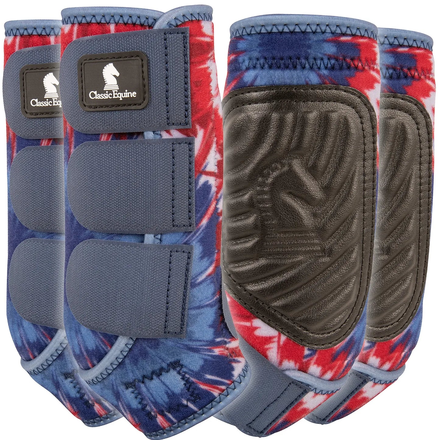Classic Equine Fireworks SMB Sport Boots set for horses, featuring a vibrant red, white, and blue patriotic tie-dye pattern. These protective leg boots include three secure Velcro straps for a custom fit and a rugged, textured black strike pad to prevent impact injuries. Ideal for performance horses, these stylish and durable boots offer ultimate support and safety for training or competition. Essential equestrian gear for horse leg health and impact protection.