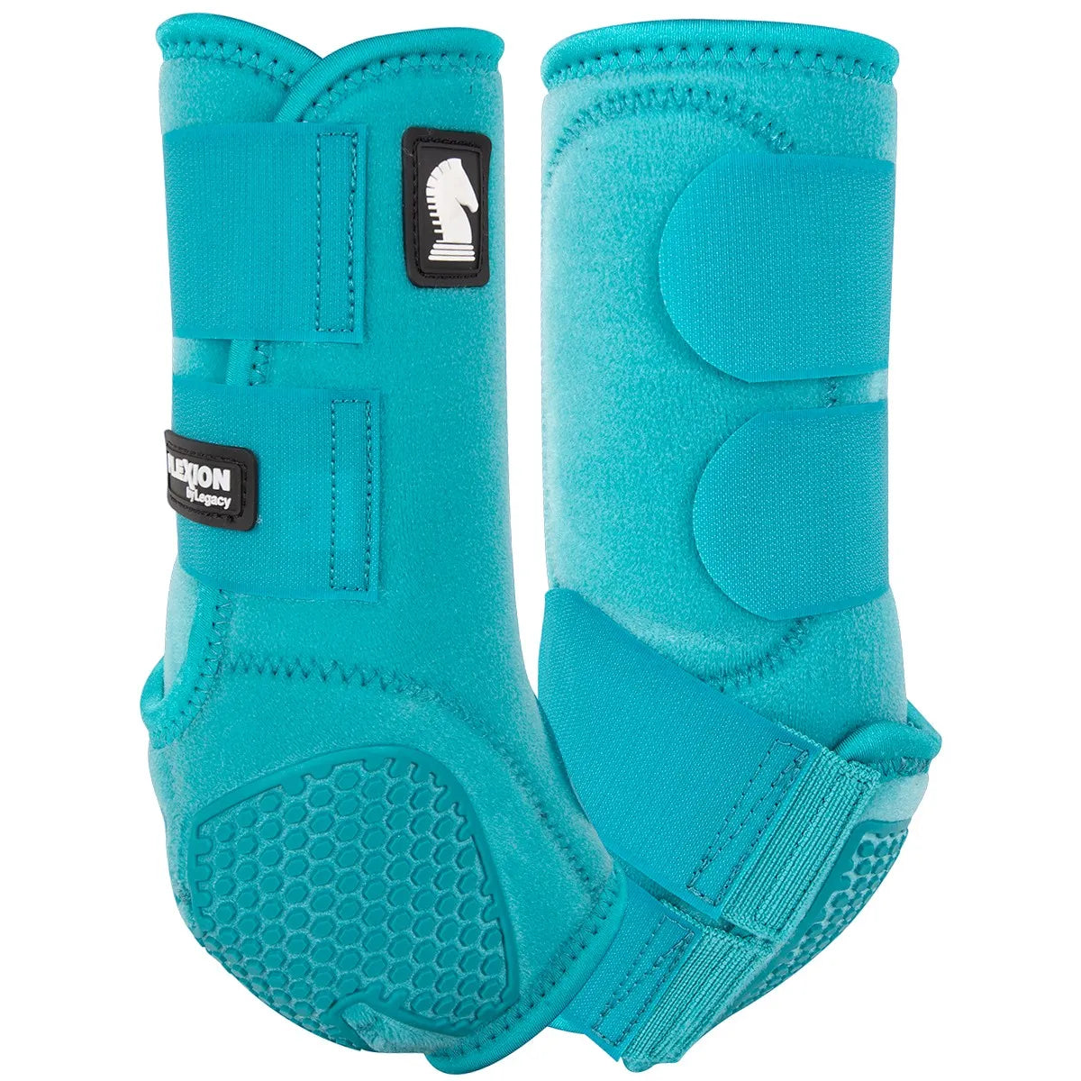Pair of vibrant turquoise Classic Equine Flexion SMB Sport Boots by Legacy, providing ultimate horse leg protection. These teal equestrian protective boots feature a unique honeycomb-patterned flexion plate for impact absorption, breathable material, and adjustable hook-and-loop strap closures. Designed for fetlock support and cannon bone safety, these sport medicine boots offer a stylish, high-performance solution for athletic horses in training or competition.