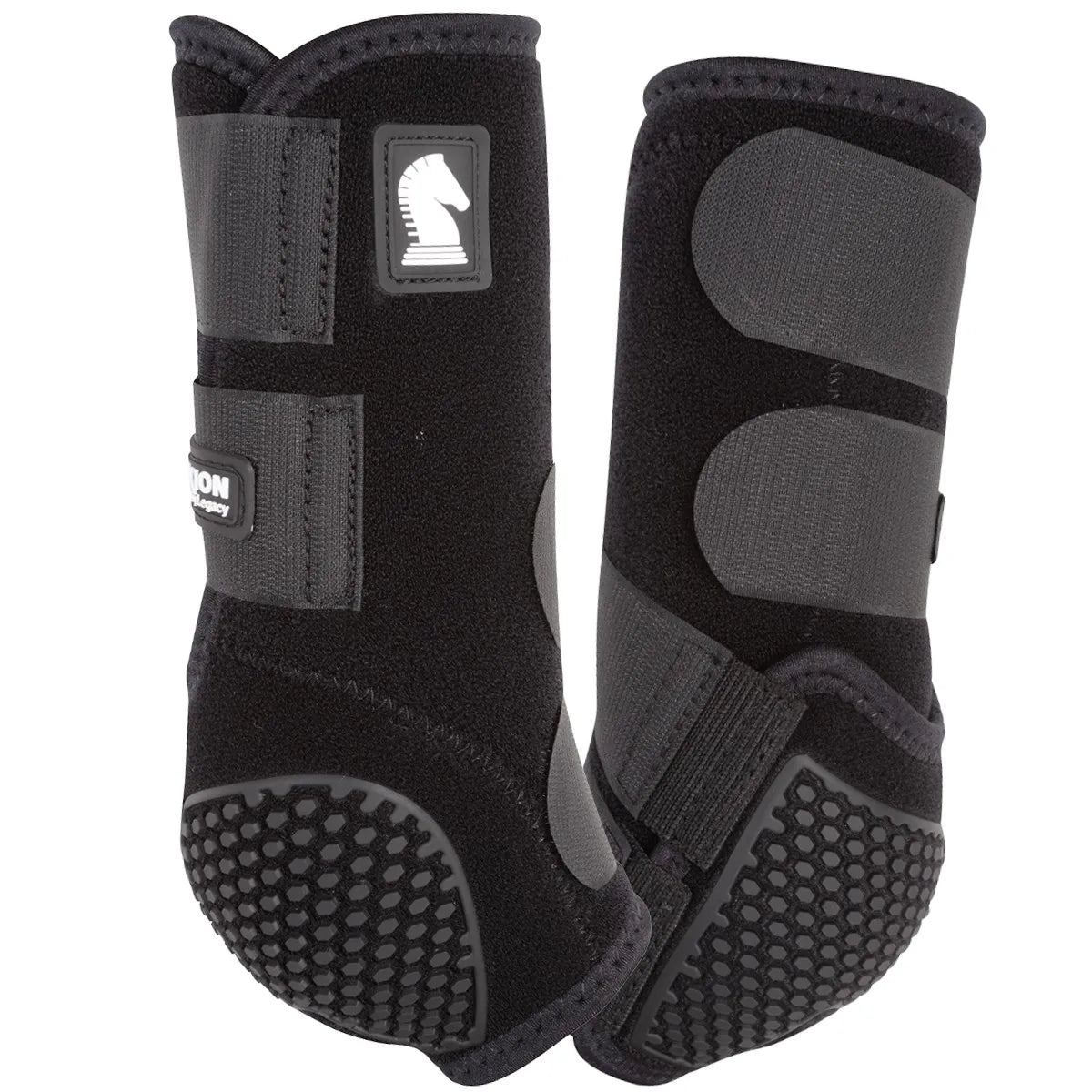 Classic Equine Flexion SMB Sport Boots by Legacy in black. These high-performance horse leg boots feature secure hook-and-loop closures and an innovative honeycomb-textured cradle for superior fetlock support and impact protection. Designed with flexible, breathable material, these protective sports medicine boots offer ultimate comfort and durability for performance horses. Essential equestrian gear for training and competition to ensure total equine leg safety.