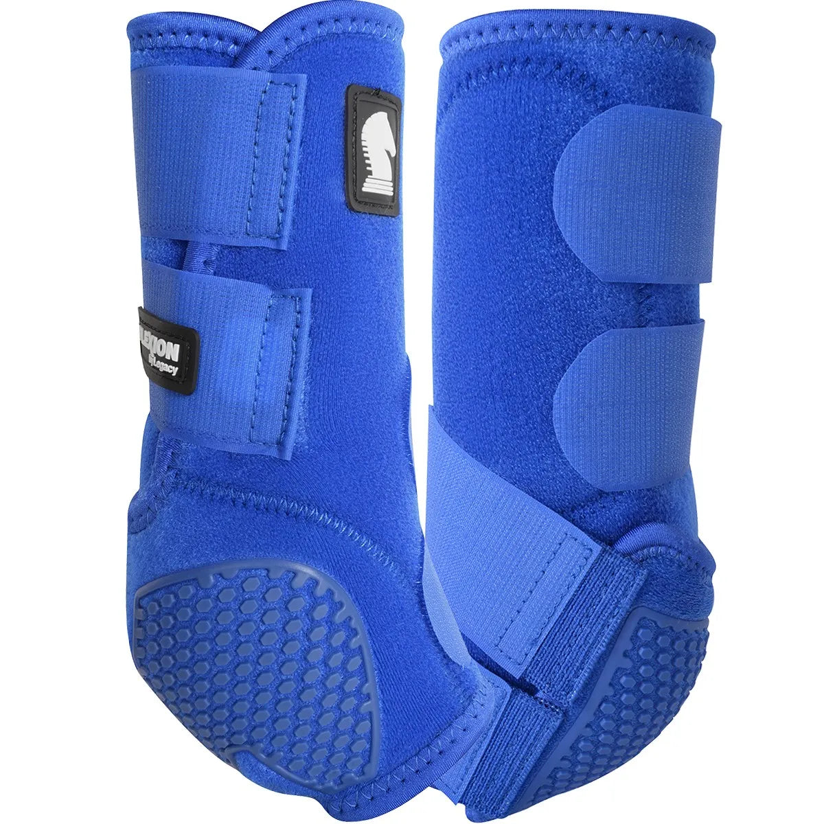 Classic Equine Flexion SMB Sport Boots by Legacy in vibrant royal blue. These high-performance horse leg boots feature shock-absorbing, honeycomb-textured Flexion technology for ultimate fetlock protection and support. Designed with durable neoprene and secure hook-and-loop straps, these sports medicine boots provide superior impact resistance and comfort for performance horses. Ideal for athletic disciplines like barrel racing, jumping, and everyday training.