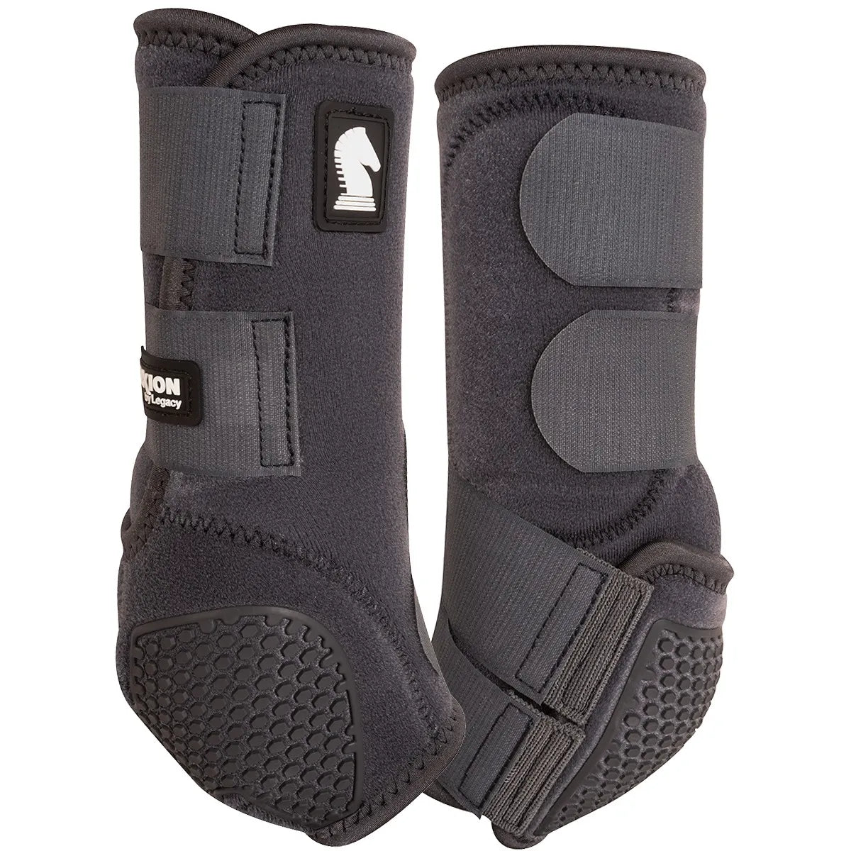 Classic Equine Flexion SMB Sport Boots by Legacy in charcoal grey, featuring a honeycomb-textured protective patch for maximum impact resistance and flexibility. These durable horse leg boots provide ultimate suspensory support with reinforced Velcro straps. A must-have for performance horses, these professional-grade boots offer a sleek, anatomical fit for barrel racing, jumping, or everyday riding protection.