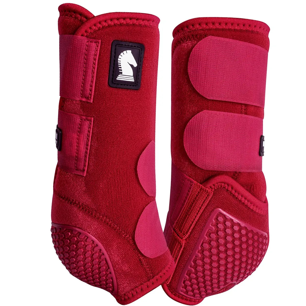 Classic Equine Flexion SMB Sport Boots by Legacy in a vibrant crimson red. These high-performance horse leg boots feature three secure hook-and-loop closures and a specialized honeycomb-patterned impact protection shield for the fetlock area. Designed for ultimate support and durability, these equestrian sport medicine boots offer essential protection and style for athletic horses during training or competition.